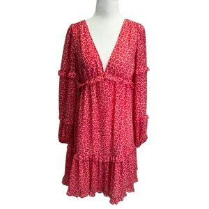 Michael Kors Pink V-Neck Mini Print Long Sleeve Dress Size XS